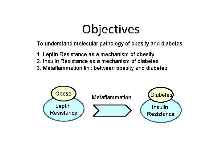 Objectives To understand molecular pathology of obesity and diabetes 1. Leptin Resistance as a