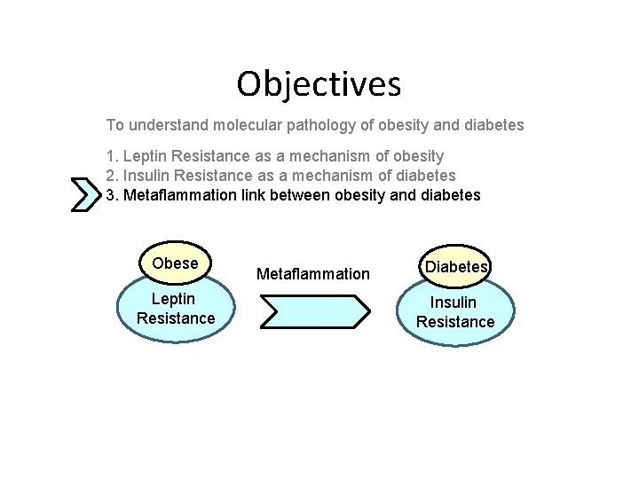 Objectives To understand molecular pathology of obesity and diabetes 1. Leptin Resistance as a