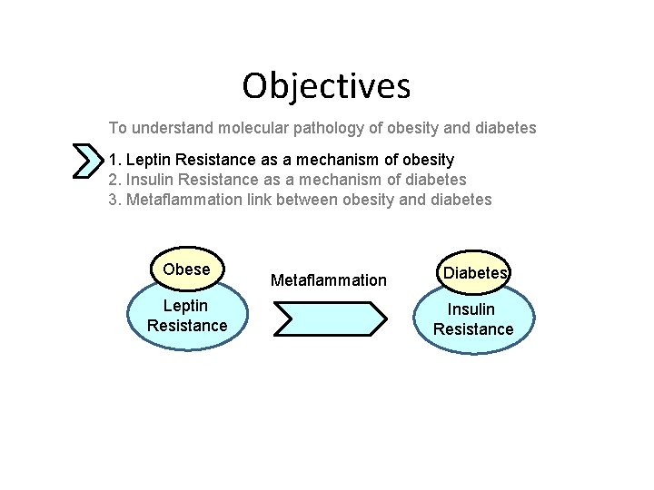 Objectives To understand molecular pathology of obesity and diabetes 1. Leptin Resistance as a