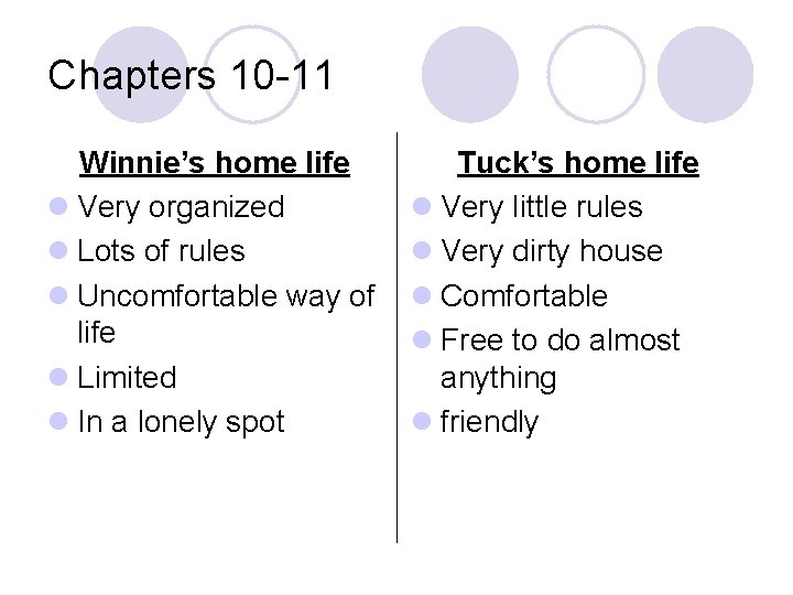 Chapters 10 -11 Winnie’s home life l Very organized l Lots of rules l