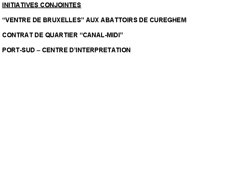 INITIATIVES CONJOINTES “VENTRE DE BRUXELLES” AUX ABATTOIRS DE CUREGHEM CONTRAT DE QUARTIER “CANAL-MIDI” PORT-SUD