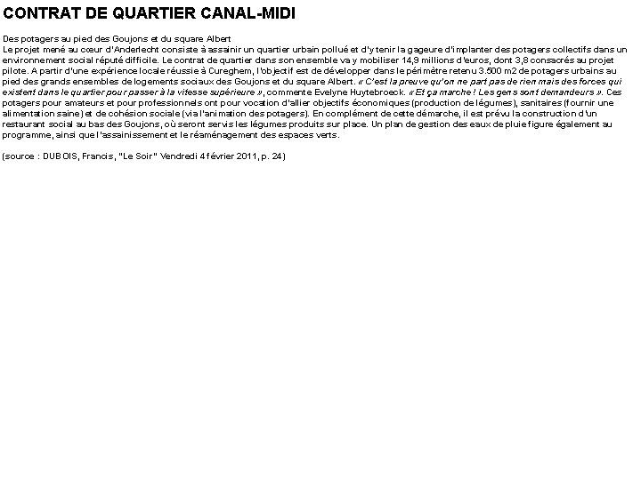 CONTRAT DE QUARTIER CANAL-MIDI Des potagers au pied des Goujons et du square Albert