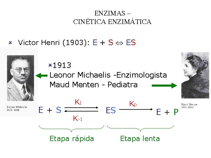 ENZIMAS – CINÉTICA ENZIMÁTICA û Victor Henri (1903): E + S ES û 1913