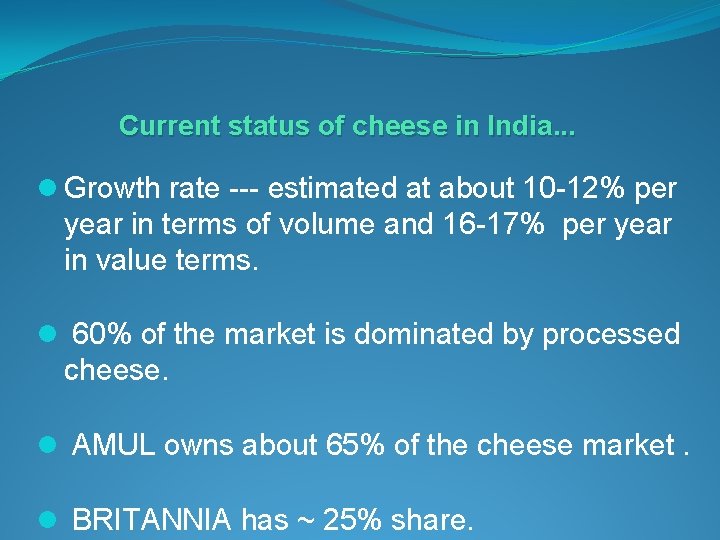 Current status of cheese in India. . . l Growth rate --- estimated at
