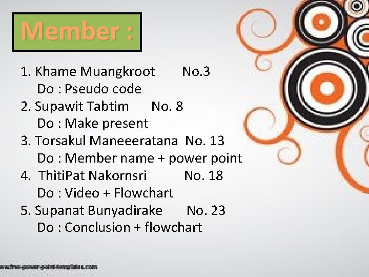 Member : 1. Khame Muangkroot No. 3 Do : Pseudo code 2. Supawit Tabtim