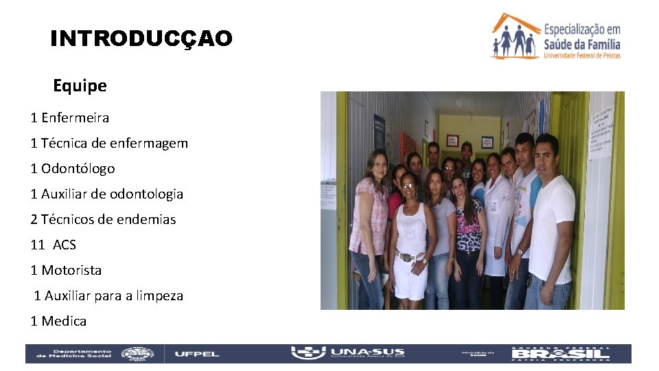 INTRODUCÇAO Equipe 1 Enfermeira 1 Técnica de enfermagem 1 Odontólogo 1 Auxiliar de odontologia