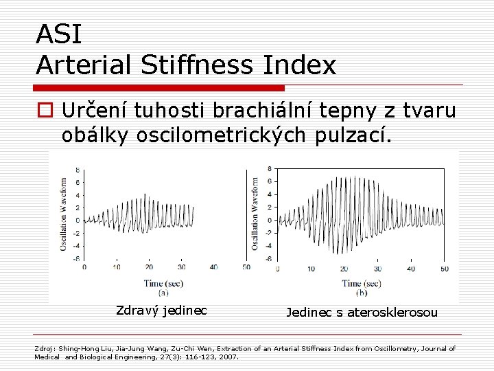 ASI Arterial Stiffness Index o Určení tuhosti brachiální tepny z tvaru obálky oscilometrických pulzací.