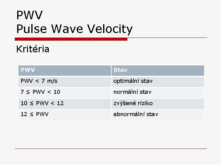 PWV Pulse Wave Velocity Kritéria PWV Stav PWV < 7 m/s optimální stav 7