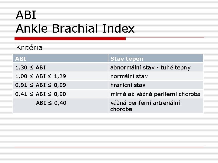 ABI Ankle Brachial Index Kritéria ABI Stav tepen 1, 30 ≤ ABI abnormální stav