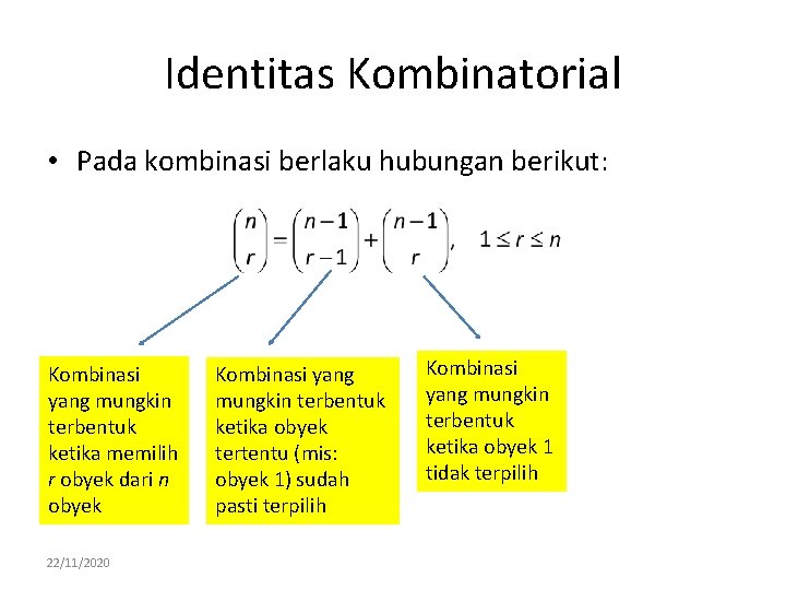 Identitas Kombinatorial • Pada kombinasi berlaku hubungan berikut: Kombinasi yang mungkin terbentuk ketika memilih