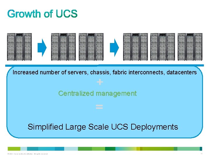 Increased number of servers, chassis, fabric interconnects, datacenters Centralized management Simplified Large Scale UCS