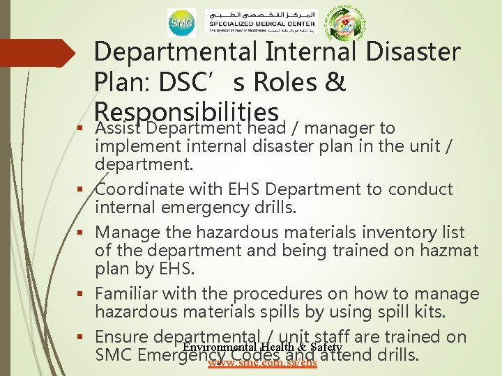 Departmental Internal Disaster Plan: DSC’s Roles & Responsibilities § Assist Department head / manager