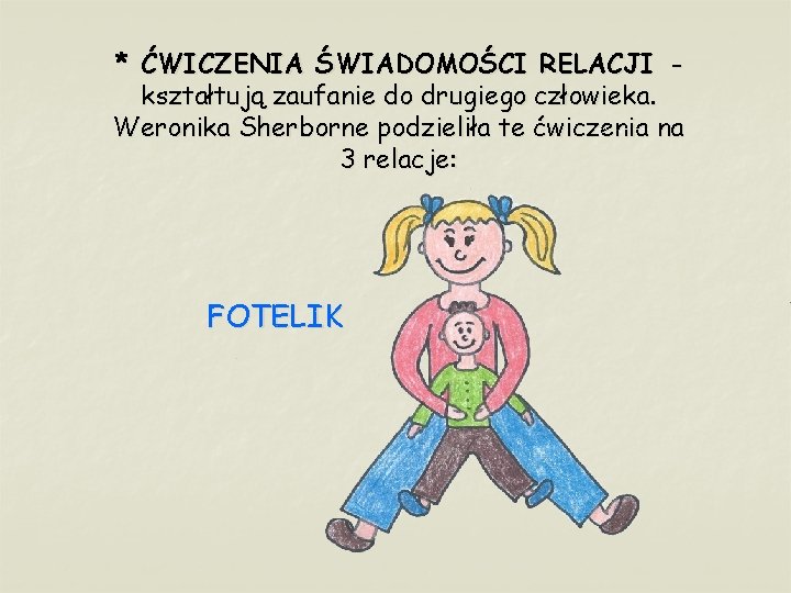 * ĆWICZENIA ŚWIADOMOŚCI RELACJI kształtują zaufanie do drugiego człowieka. Weronika Sherborne podzieliła te ćwiczenia