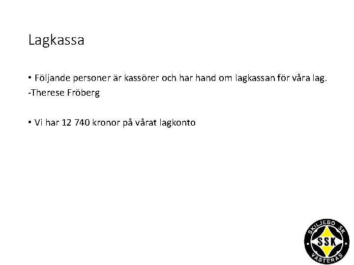 Lagkassa • Följande personer är kassörer och har hand om lagkassan för våra lag.