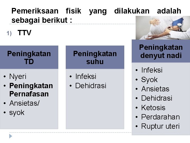 Pemeriksaan fisik yang dilakukan adalah sebagai berikut : 1) TTV Peningkatan TD • Nyeri Pemeriksaan fisik yang dilakukan adalah sebagai berikut : 1) TTV Peningkatan TD • Nyeri