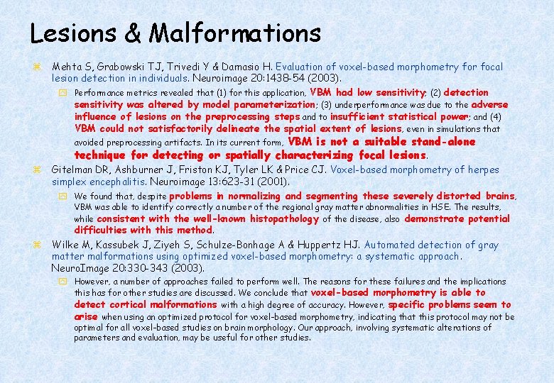 Lesions & Malformations z Mehta S, Grabowski TJ, Trivedi Y & Damasio H. Evaluation