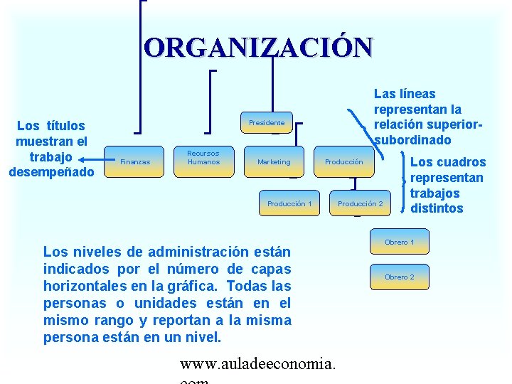 ORGANIZACIÓN Los títulos muestran el trabajo desempeñado Las líneas representan la relación superiorsubordinado Presidente
