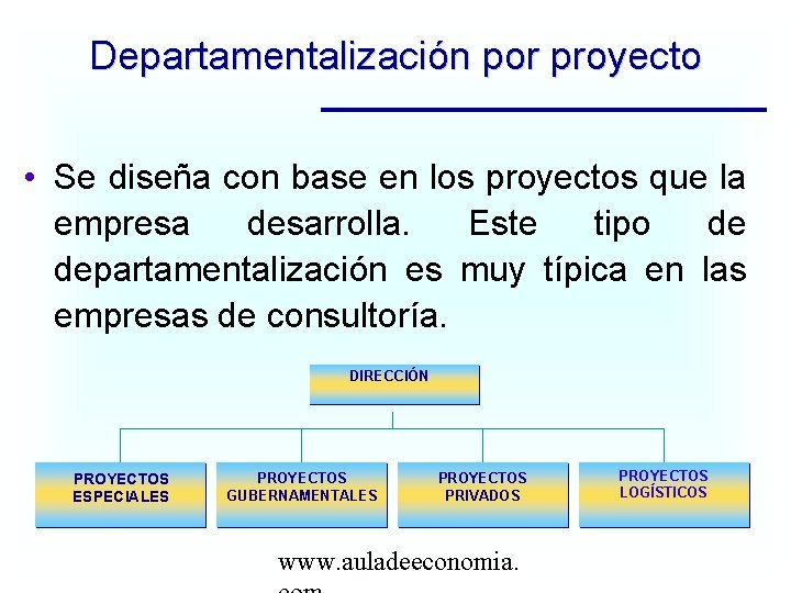 Departamentalización por proyecto • Se diseña con base en los proyectos que la empresa
