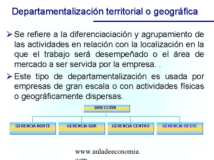 Departamentalización territorial o geográfica Se refiere a la diferenciaciación y agrupamiento de las actividades
