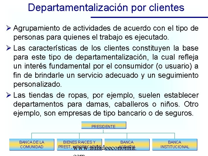 Departamentalización por clientes Agrupamiento de actividades de acuerdo con el tipo de personas para