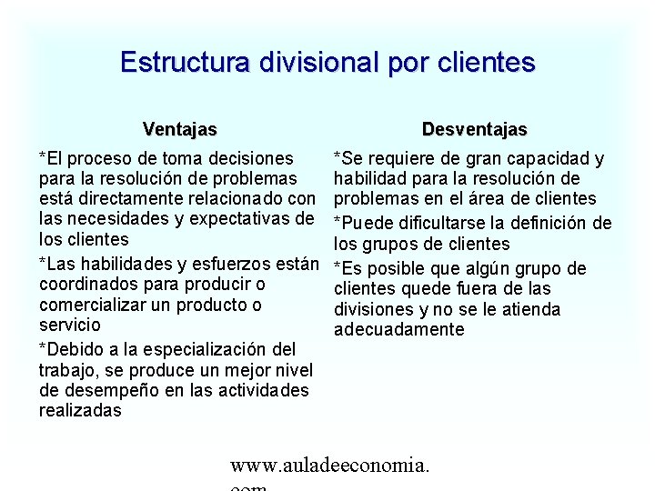 Estructura divisional por clientes Ventajas Desventajas *El proceso de toma decisiones para la resolución