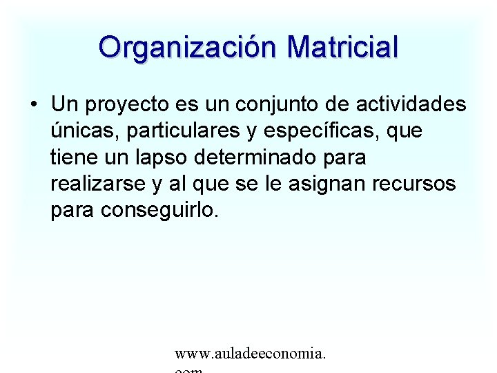 Organización Matricial • Un proyecto es un conjunto de actividades únicas, particulares y específicas,