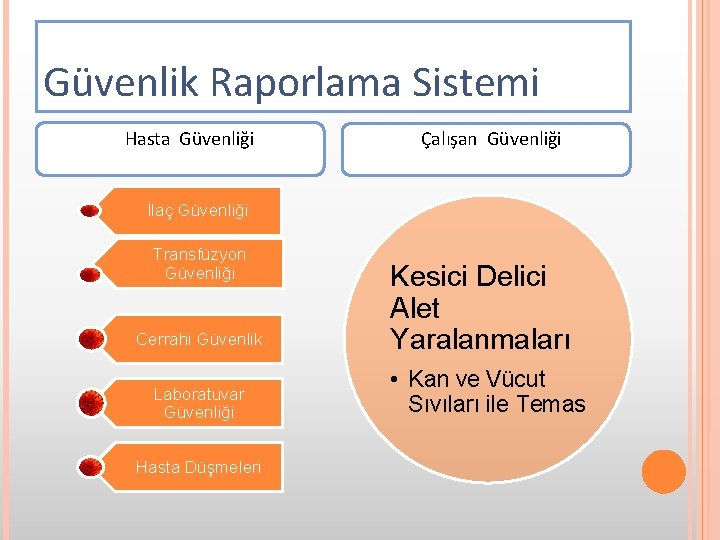 Güvenlik Raporlama Sistemi Hasta Güvenliği Çalışan Güvenliği İlaç Güvenliği Transfüzyon Güvenliği Cerrahi Güvenlik Laboratuvar
