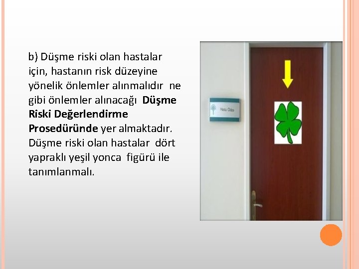 b) Düşme riski olan hastalar için, hastanın risk düzeyine yönelik önlemler alınmalıdır ne gibi