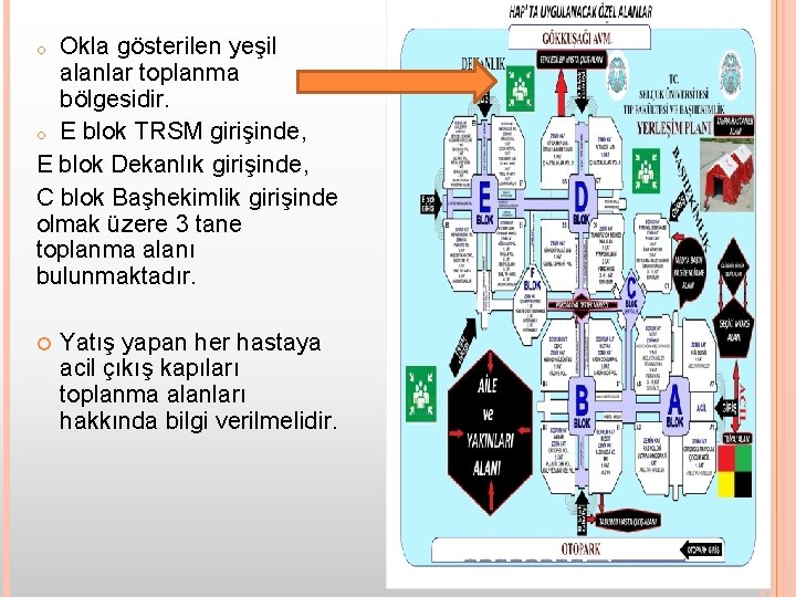 Okla gösterilen yeşil alanlar toplanma bölgesidir. o E blok TRSM girişinde, E blok Dekanlık