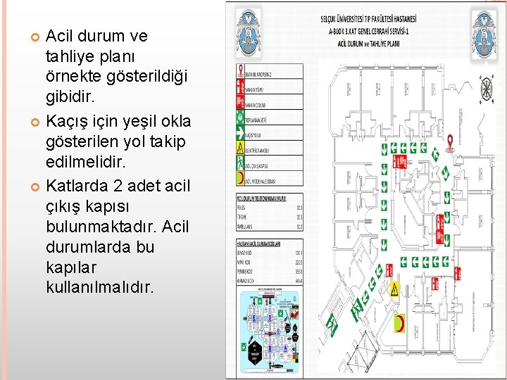 Acil durum ve tahliye planı örnekte gösterildiği gibidir. Kaçış için yeşil okla gösterilen yol