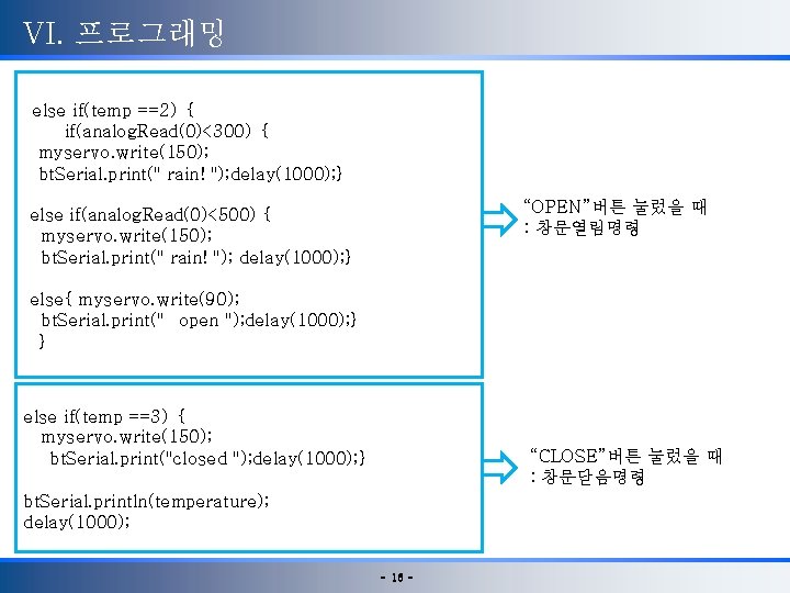 VI. 프로그래밍 else if(temp ==2) { if(analog. Read(0)<300) { myservo. write(150); bt. Serial. print("