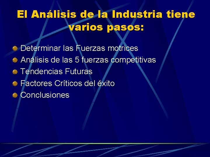 El Análisis de la Industria tiene varios pasos: Determinar las Fuerzas motrices Análisis de