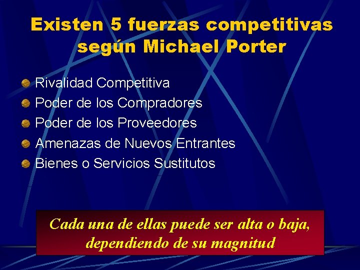 Existen 5 fuerzas competitivas según Michael Porter Rivalidad Competitiva Poder de los Compradores Poder