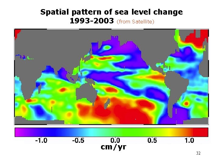 Spatial pattern of sea level change 1993 -2003 (from Satellite) cm/yr 32 