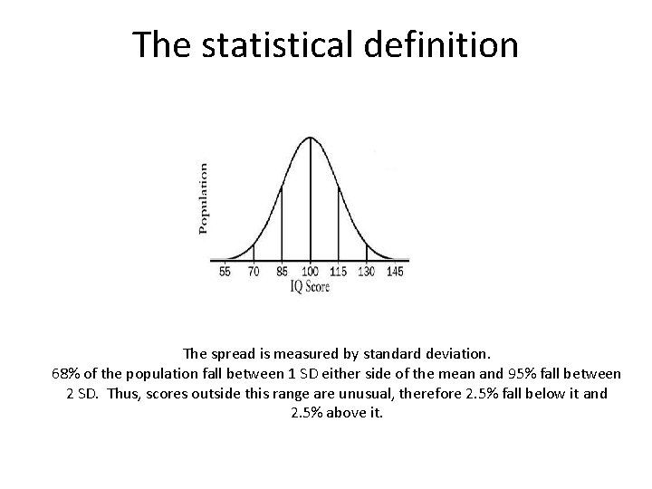 The statistical definition The spread is measured by standard deviation. 68% of the population