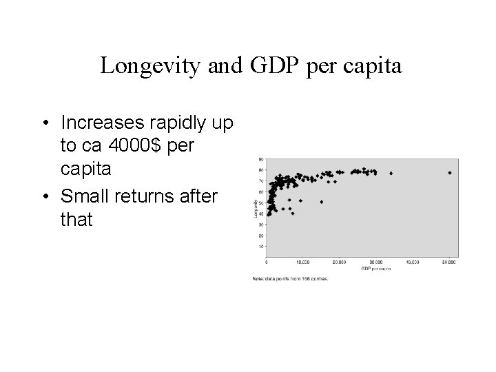  Longevity and GDP per capita • Increases rapidly up to ca 4000$ per