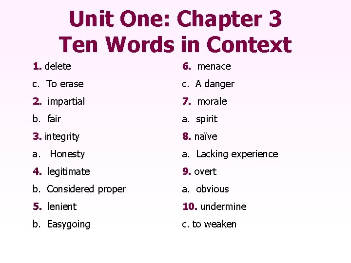 Unit One: Chapter 3 Ten Words in Context 1. delete 6. menace c. To