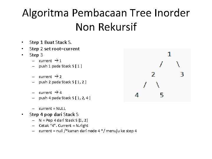 Algoritma Pembacaan Tree Inorder Non Rekursif • • • Step 1 Buat Stack S.