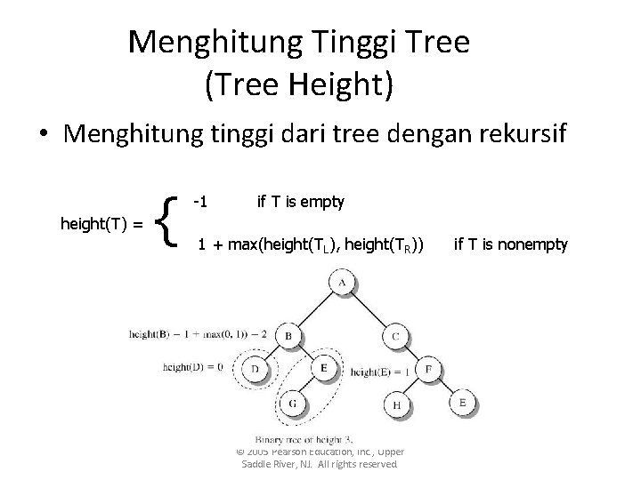 Menghitung Tinggi Tree (Tree Height) • Menghitung tinggi dari tree dengan rekursif height(T) = Menghitung Tinggi Tree (Tree Height) • Menghitung tinggi dari tree dengan rekursif height(T) =
