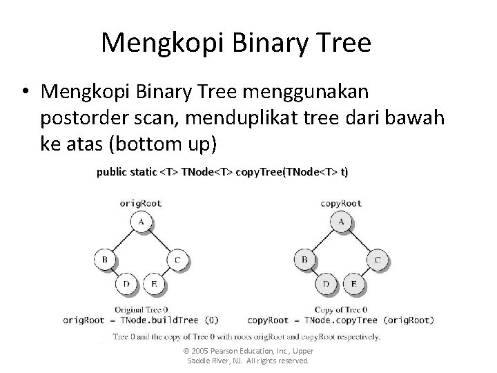 Mengkopi Binary Tree • Mengkopi Binary Tree menggunakan postorder scan, menduplikat tree dari bawah Mengkopi Binary Tree • Mengkopi Binary Tree menggunakan postorder scan, menduplikat tree dari bawah