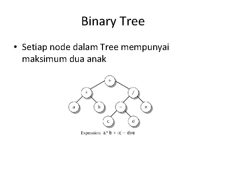 Binary Tree • Setiap node dalam Tree mempunyai maksimum dua anak Binary Tree • Setiap node dalam Tree mempunyai maksimum dua anak