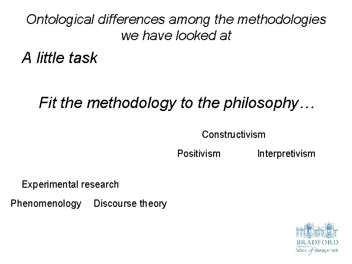 Ontological differences among the methodologies we have looked at A little task Fit the