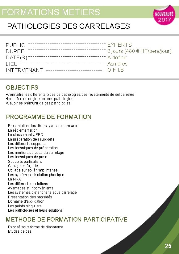 FORMATIONS METIERS PATHOLOGIES DES CARRELAGES PUBLIC DUREE DATE(S) LIEU INTERVENANT EXPERTS 2 jours (480