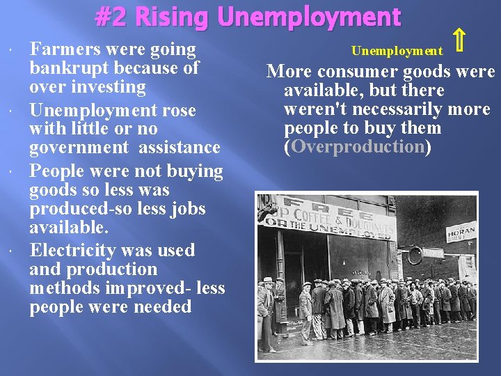 #2 Rising Unemployment Farmers were going bankrupt because of over investing Unemployment rose with