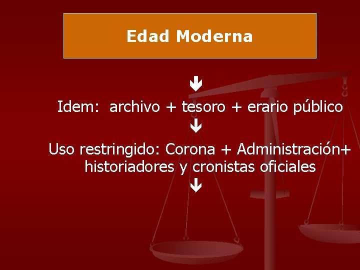 Edad Moderna Idem: archivo + tesoro + erario público Uso restringido: Corona + Administración+