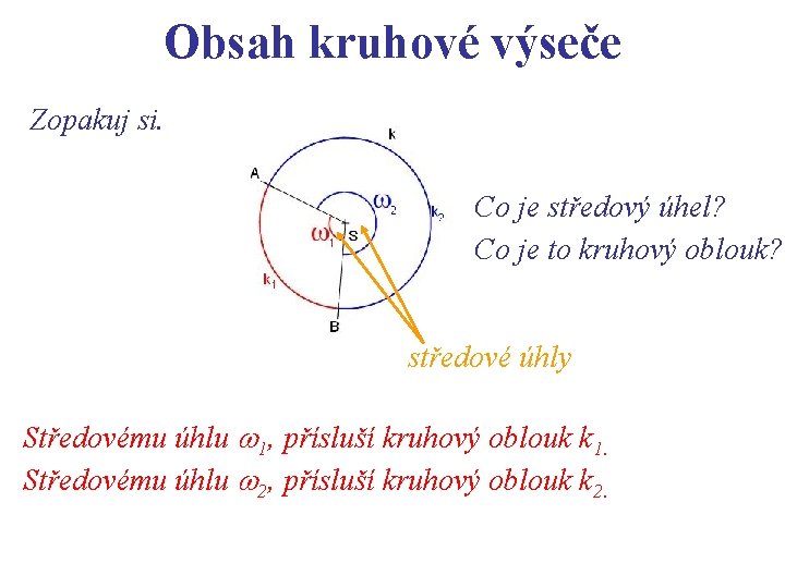 Obsah kruhové výseče Zopakuj si. Co je středový úhel? Co je to kruhový oblouk?