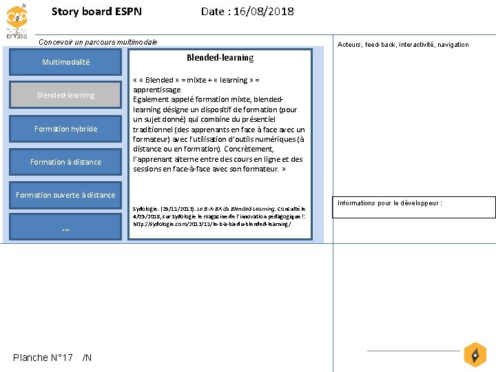 Story board ESPN Date : 16/08/2018 Concevoir un parcours multimodale Multimodalité Blended-learning Formation hybride