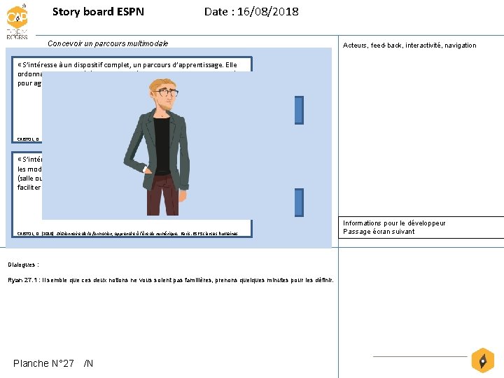 Story board ESPN Date : 16/08/2018 Concevoir un parcours multimodale Acteurs, feed-back, interactivité, navigation