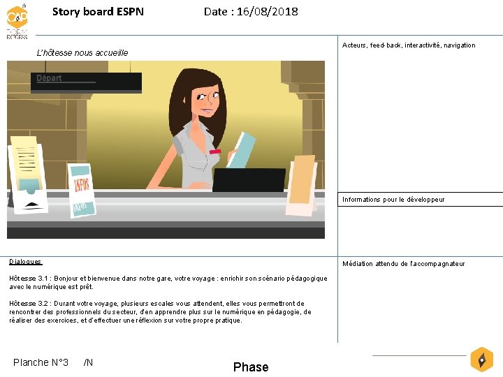 Story board ESPN Date : 16/08/2018 Acteurs, feed-back, interactivité, navigation L’hôtesse nous accueille Informations