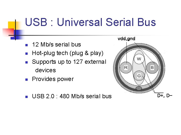 USB : Universal Serial Bus vdd, gnd n 12 Mb/s serial bus Hot-plug tech